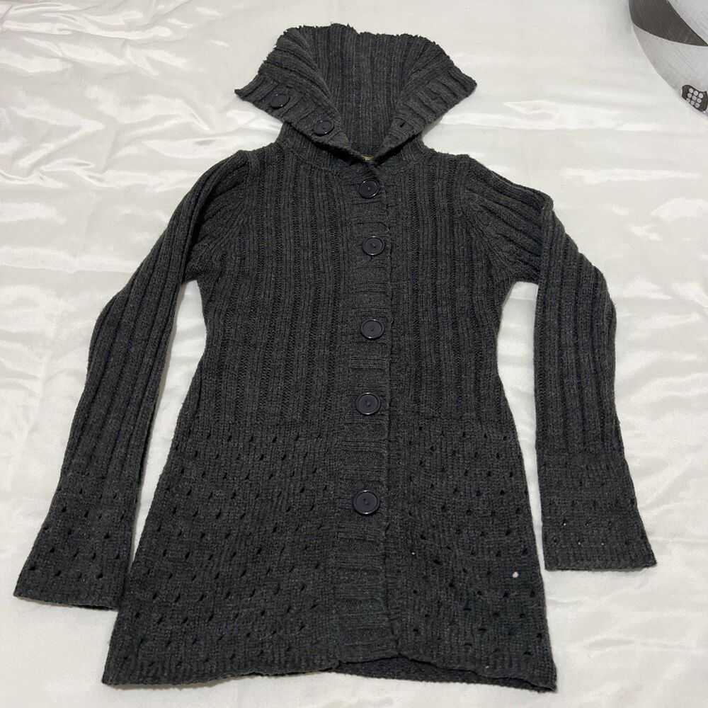 Heirloom Collectibles Long Cardigan Sweater Cowl Neck Big Buttons Womens M Gray